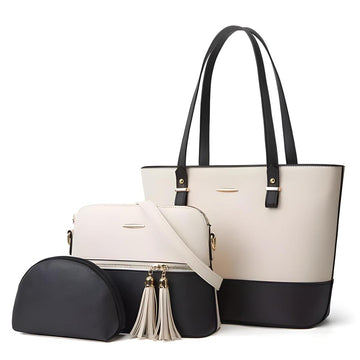 Stylish Women's PU Leather Shoulder Bag - Chic Black & White 3-Piece Set